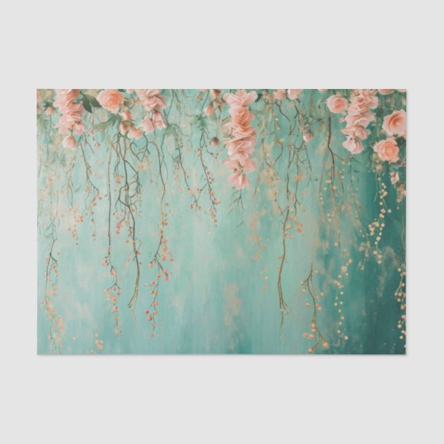 Papel De Seda Casamento de Flores Românticas Beijo Azul Turquesa (Frente )