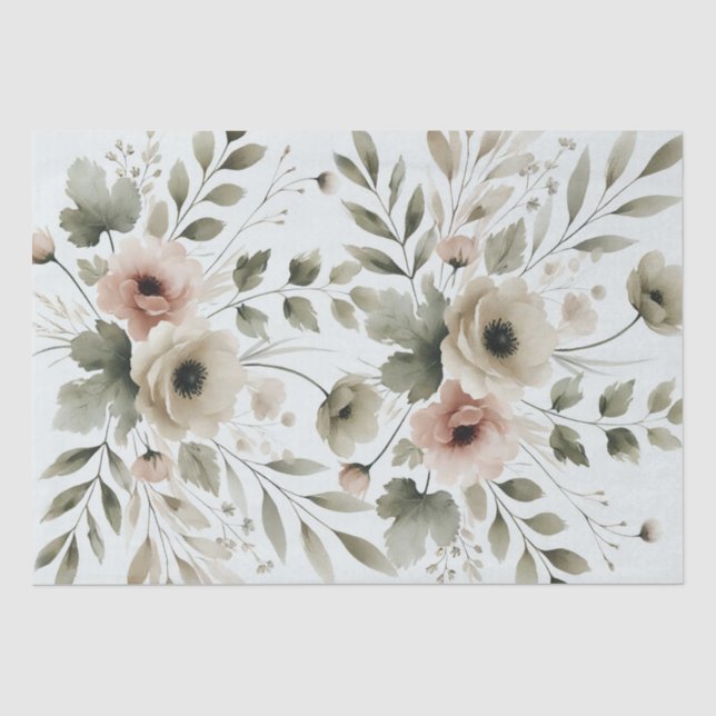 Papel De Seda Casamento Floral Aquarela Verde Oliva Caqui (Frente )