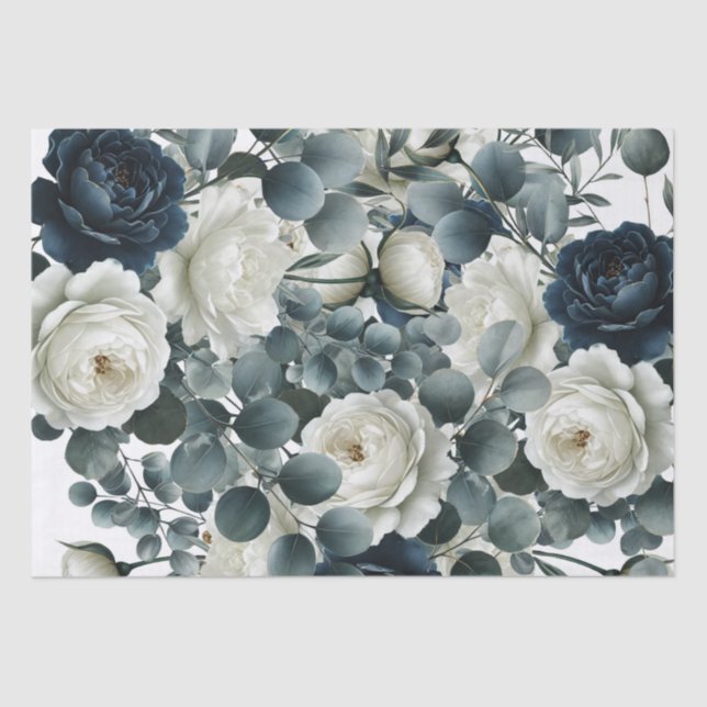 Papel De Seda Casamento Floral Moderno Azul Escuro e Branco (Frente )