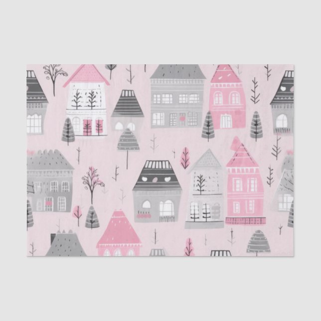 Papel De Seda Casas de Natal de Cinzas Brancas a Rosa (Frente )