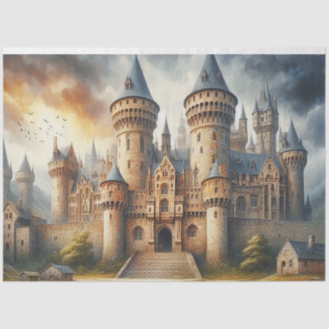 Papel De Seda Castelo Medieval no Sunset com Céu Atmosférico (Frente )