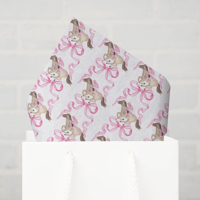 Papel De Seda Cavalgada de Cavalos Derby Rosa em Aquarela e Arco (Sacola de presentes)