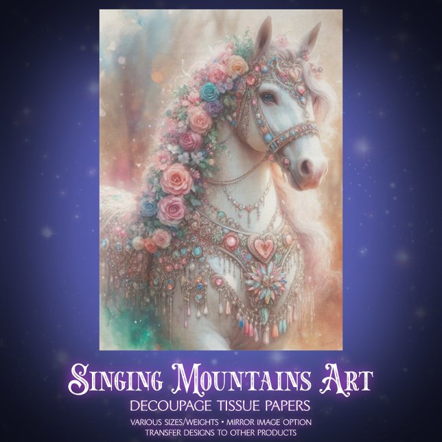Papel De Seda Cavalo Branco com Decoupage de Flores (Criador carregado)