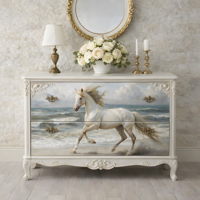 Papel De Seda Cavalo Branco da Praia Decoupage (Beach White Horse Decoupage Tissue Paper Mockup)