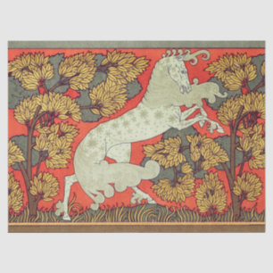 Papel De Seda CAVALO BRANCO RAMPANTE, ÁRVORES NA WOODLAND Art N