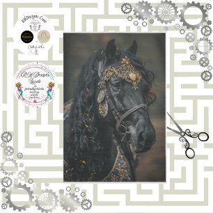 Papel De Seda Cavalo Decoupage Preto Nobreza Dourado Steampunk