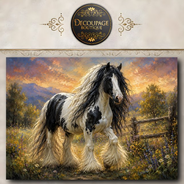 Papel De Seda Cavalo Gypsy Vanner Preto e Branco (Black and White Gypsy Vanner Horse Tissue Paper)