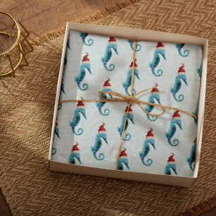 Papel De Seda Cavalo-marinho-de-aquarela náutica com Santa Hat