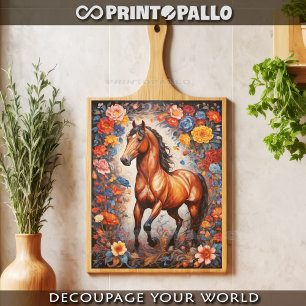 Papel De Seda Cavalo marrom desenfreado em fundo de flores