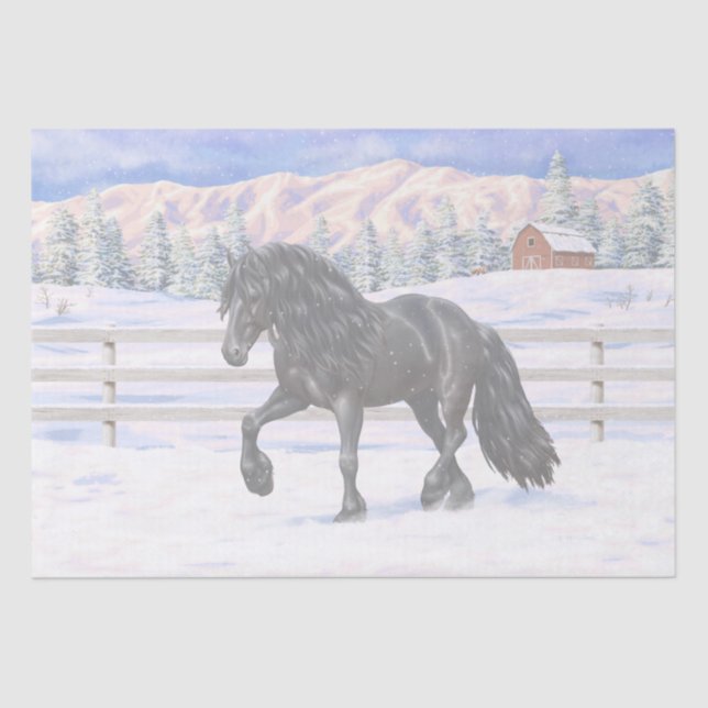 Papel De Seda Cavalo Negro Frísia Na Neve (Frente )