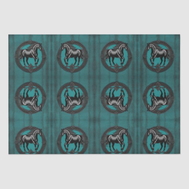 Papel De Seda Cavalo Negro Teal Equestre do País Ocidental (Frente )