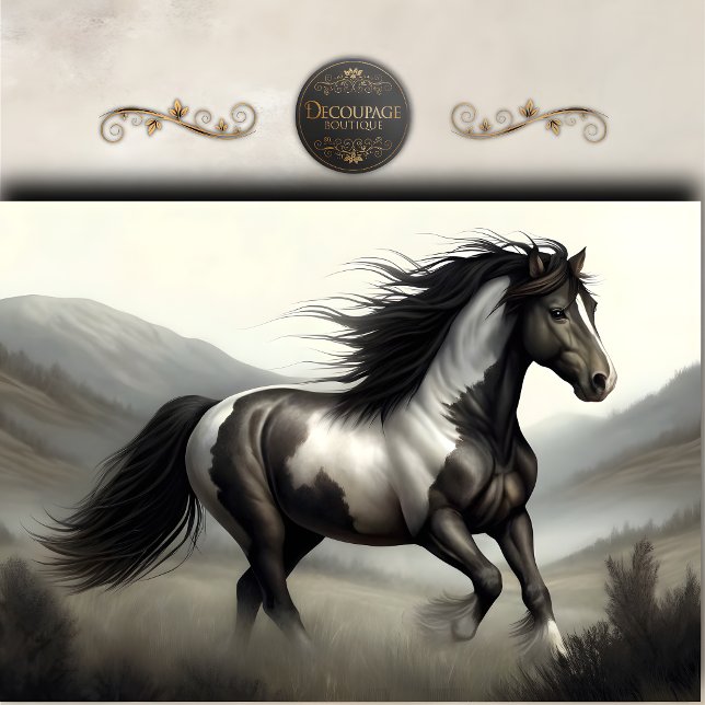 Papel De Seda Cavalo Pinto Preto e Branco Decoupage (Black And White Pinto Horse Decoupage Tissue Paper)