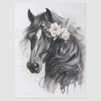 Papel De Seda Cavalo Preto Floral Aquarela Boho