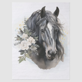 Papel De Seda Cavalo Preto Floral Aquarela Boho