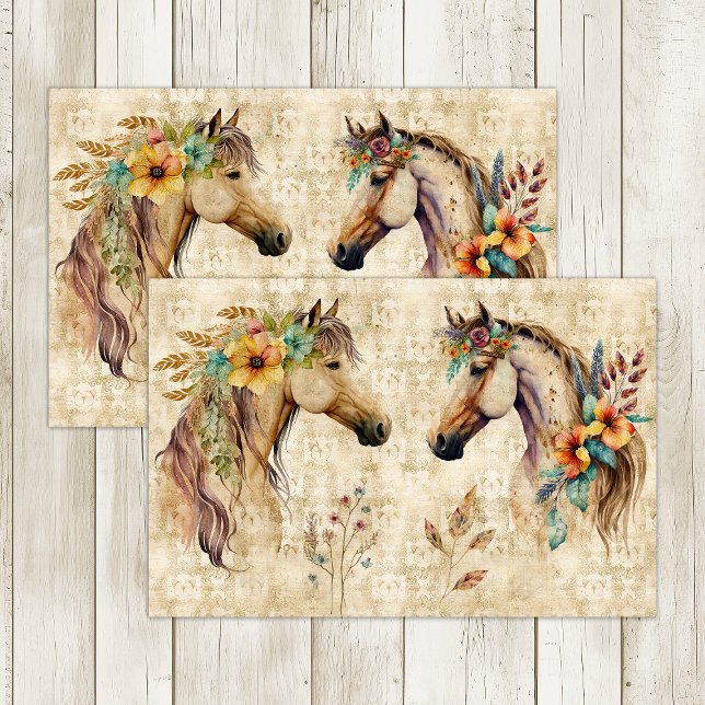 PAPEL DE SEDA CAVALOS BOHO DECOUPAGE FLORAL (BOHO HORSES FLORAL DECOUPAGE TISSUE PAPER)