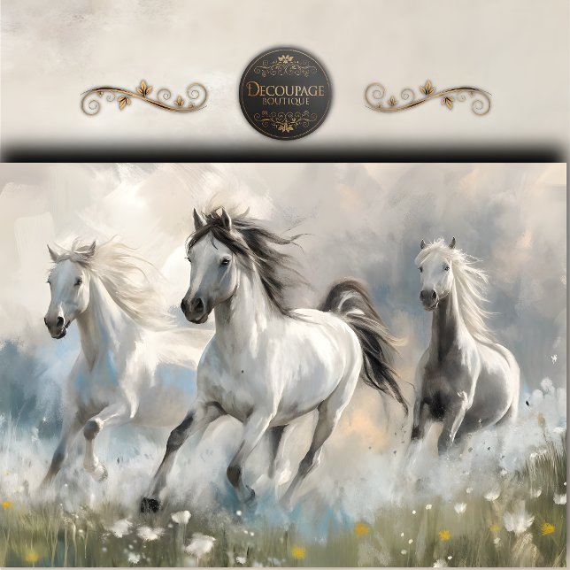 Papel De Seda Cavalos Brancos Etéreos Arte Decoupage (Ethereal White Horses Art Decoupage Tissue Paper)
