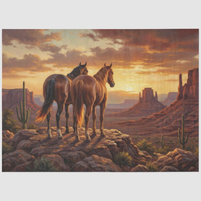 Papel De Seda Cavalos Deserto Pintado Decoupage Ocidental (Frente )