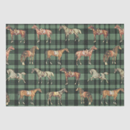 Papel De Seda Cavalos Elegantes Vintage com Sela Xadrez Verde