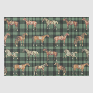 Papel De Seda Cavalos Elegantes Vintage com Sela Xadrez Verde