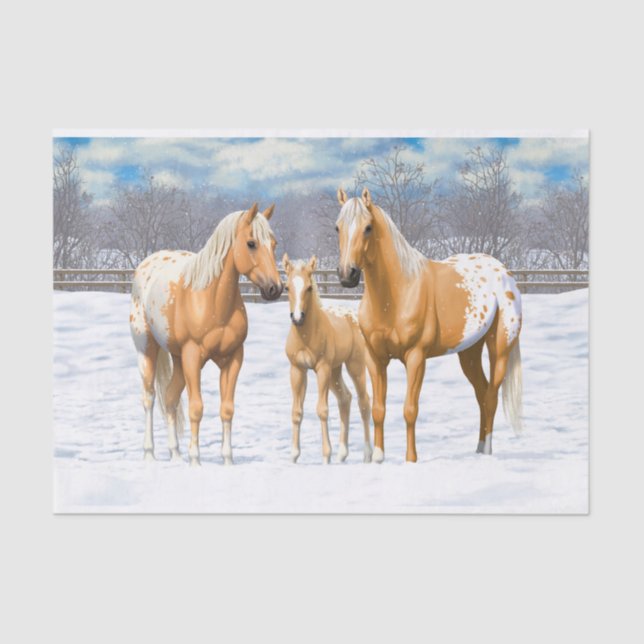 Papel De Seda Cavalos Palomino Appaloosa Na Neve (Frente )