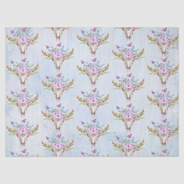 Papel De Seda Caveira Animal Boho com Borboletas e Flores (Frente )