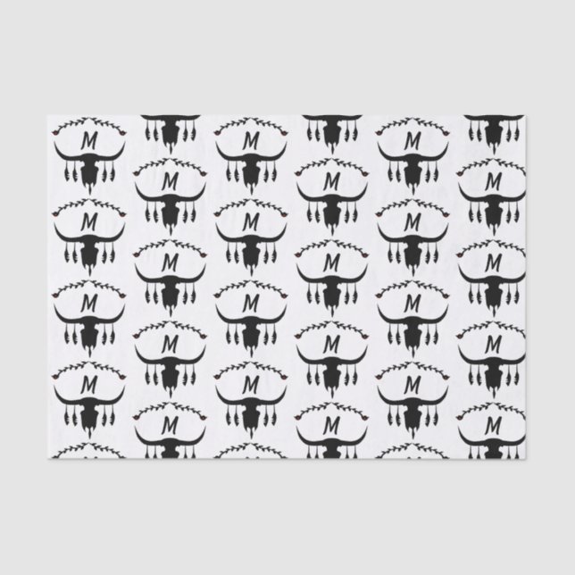 Papel De Seda Caveira-Touro com Penas Negras Silhout (Frente )