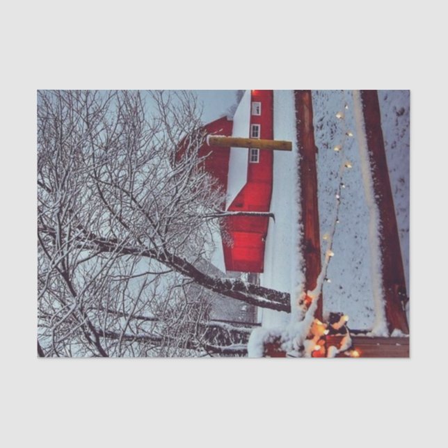 Papel De Seda Celeiro Vermelho Nevado com Luzes de Natal na Cerc (Frente )