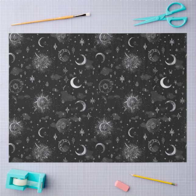 Papel De Seda Celestial Moons & Stars Wrapping Paper Monochrome (Arte )