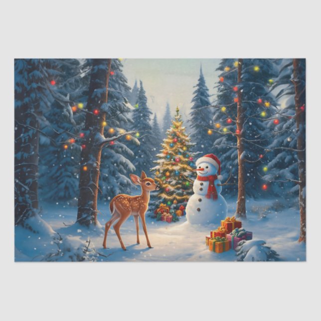 Papel De Seda Cena da Árvore de Natal Fofo Deer Fawn Snowman (Frente )