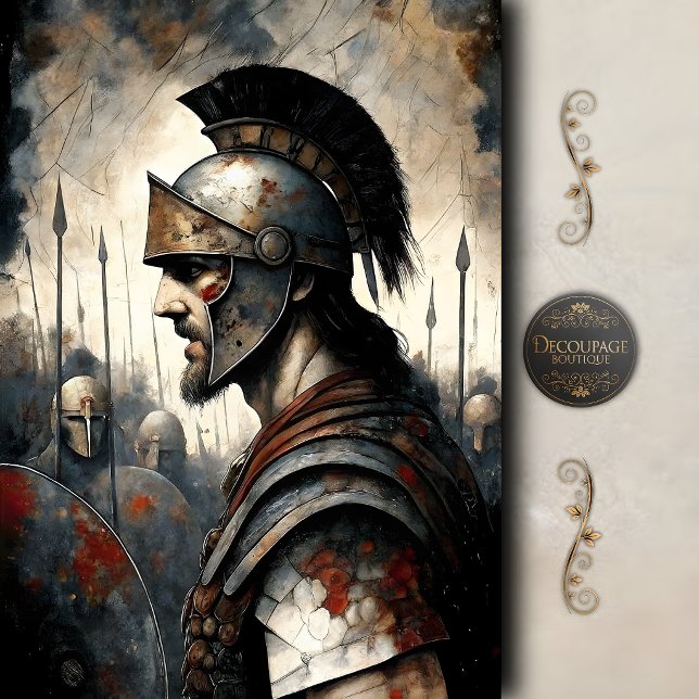 Papel De Seda Cena de Batalha com Capacete de Guerreiro Espartan (Spartan Warrior Helmet Battle Scene Decoupage Tissue Paper)