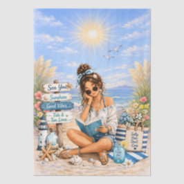 Papel De Seda Cena de Praia Feminina em Estilo Boho Fofo para De