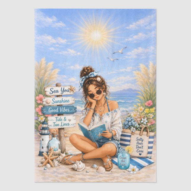 Papel De Seda Cena de Praia Feminina em Estilo Boho Fofo para De (Frente )