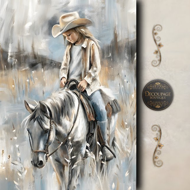 Papel De Seda Cena Ocidental de Decoupagem de Menina Montando Ca (Girl Riding Horse Western Scene Decoupage Tissue Paper)