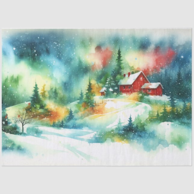 Papel De Seda Cena Rural de inverno da Aquarela de Natal (Frente )