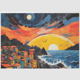 Papel De Seda Cena Sunset Cidade Velha, Montanhas, Mar