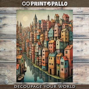 Papel De Seda Cenário surreal da cidade ribeirinha em tons paste