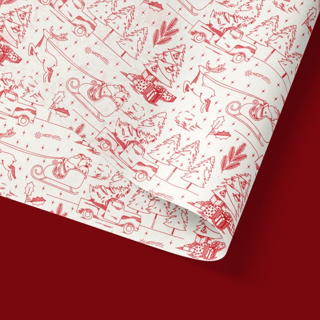 Papel De Seda Cenas de Natal Modernas do Red Toile de Jouy (red toile de jouy illustrations of santa claus and other christmas tree scenery in tissue paper)