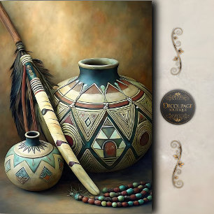 Papel De Seda Cerâmica Tribal e Decoupage de Cajado com Penas