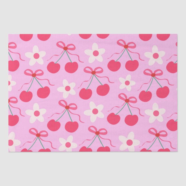 Papel De Seda Cerejas Coquete com Laços Vermelhos e Flores Branc (Frente )