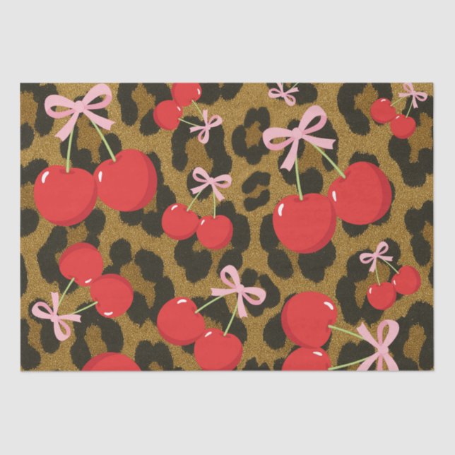Papel De Seda Cerejas Vermelhas com Laço Rosa Estampa de Leopard (Frente )