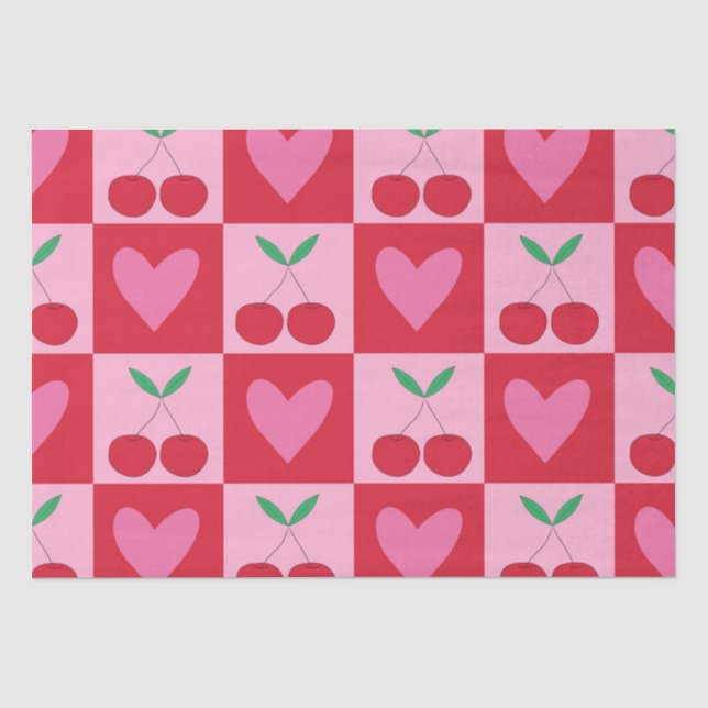 Papel De Seda Cerejas Xadrez com Padrão de Corações Rosas (Frente )
