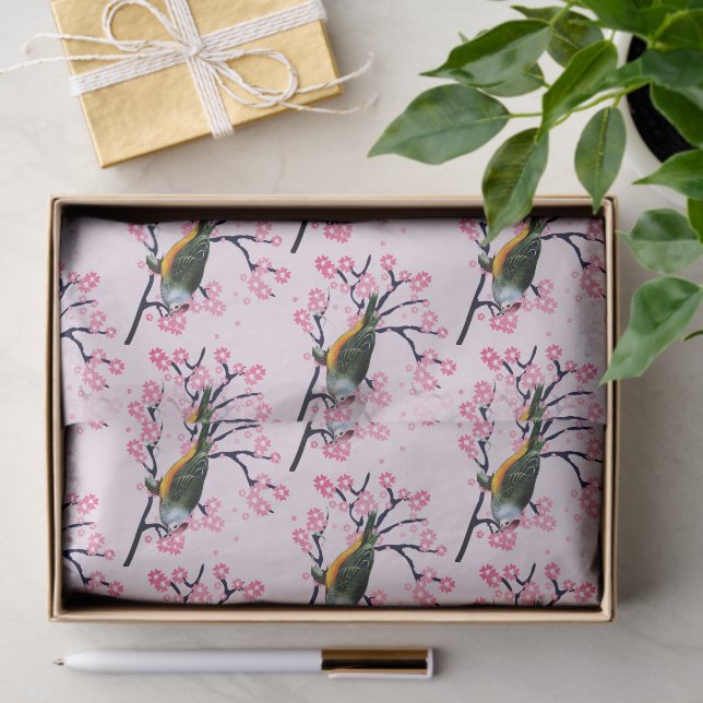 Papel De Seda Cerejeiras Rosa e Decoupage de Pássaro Canoro (Presente)