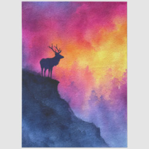 Papel De Seda Cervo em Aquarela no Penhasco ao Pôr do Sol