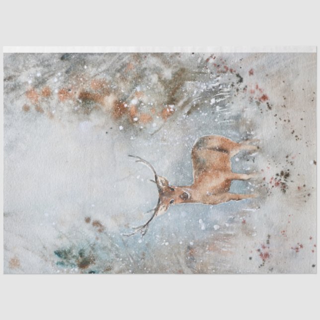 Papel De Seda Cervos em Neve Natal com Aquarela Caprichosa (Frente )