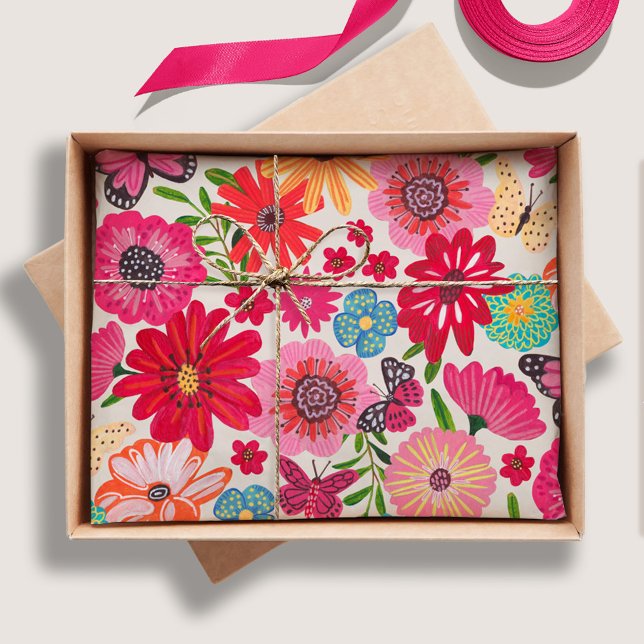 Papel De Seda Chá de Bebê de Noiva com Padrão de Flor Silvestre  (Bright Wildflower Pattern Bridal Shower Tissue Paper)