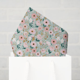 Papel De Seda Chá de Bebê Rosa Verde Florais Aquarela Nupcial
