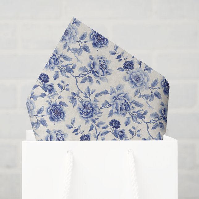 Papel De Seda Chá de Noiva com Lindas Flores Azuis (Sacola de presentes)