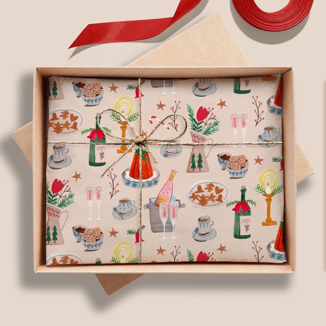 Papel De Seda Chá de Panela de Natal Desenhado à Mão Compartilhe (Hand Drawn Christmas Bridal Shower Share A Recipe Tissue Paper)