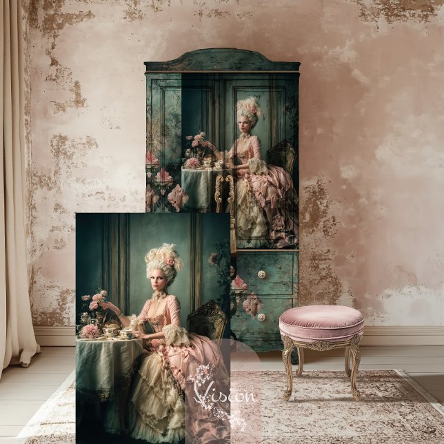 Papel De Seda Chá Time Mary Antoinette Retrato Lady Sentada (Tea Time, Mary Antoinette, French Lady Sitting, Baroque Era, Blush pink & Emerald Green Decoupage)