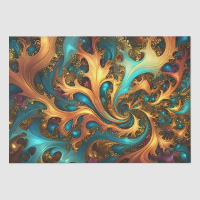 Papel De Seda Chama de Cor: Teal, Dourada, dança Fractal Laranja (Frente )